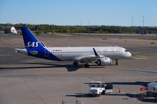 OSLO, NORWAY - MAY 7, 2026: Airbus A320 of SAS Scandinavian Airlines System at Oslo Gardermoen Airport in Norway.
