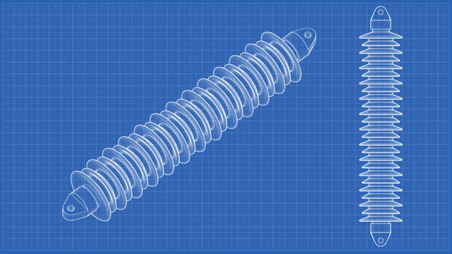 HV Electrical Insulator - ceramic, porcelain, Insulator. Engineering schematic Blueprint. Orthographic view - side, front views. 3D Mesh, Sketch, Vector style or Drawing. 3D rendering isolated on blue