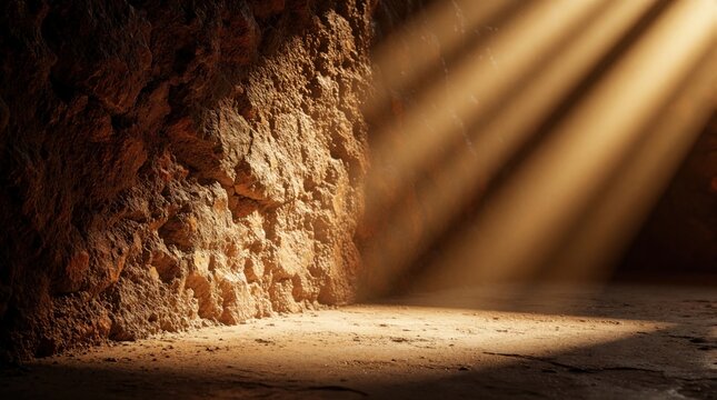 Dramatic golden light beams shine on rough stone wall, textured floor. Warm sunlight rays illuminate aged concrete surface in dark room. Moody atmosphere with heavy shadows creates abstract