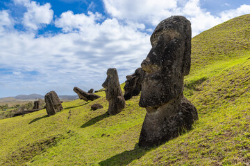 Moai Tukuturi at Rano Rarakuon easter island. Beautiful Moai Statues with beautiful blue sky in the background and green gras in the foreground  © Sven Taubert