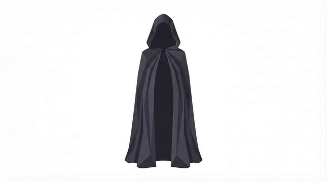 Low-poly mysterious hooded figure in a dark cloak, spooky fantasy vector illustration, isolated on white background