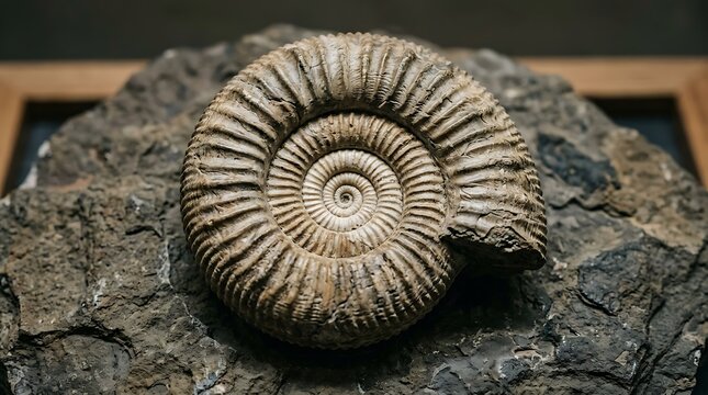 Ammonite fossil close up photo of prehistoric cephalopod shell embedded in rock, paleontology specimen