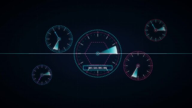 Dynamic futuristic digital UI with synchronized time and data progression, featuring glowing cyan and magenta lines on a deep dark, high-tech screen. This wide, frontal shot captures abstract circu...