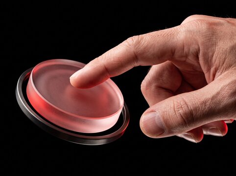 Professional pressing circular red button on transparent touch panel interface
