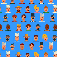 Obraz premium Seamless pixel avatar pattern in retro 8-bit digital style. Diverse human faces, characters, professions, male and female portraits. Nostalgic arcade aesthetic and playful tech mood