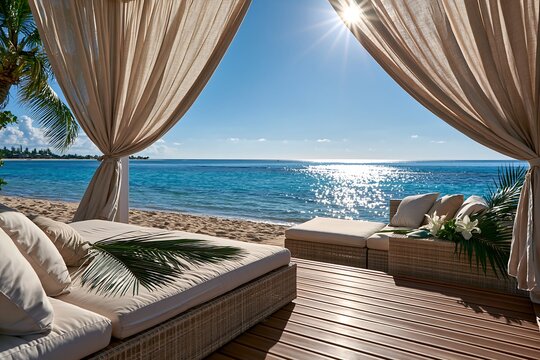 Luxury beach cabana with ocean view, sunbed, and tropical palm tree