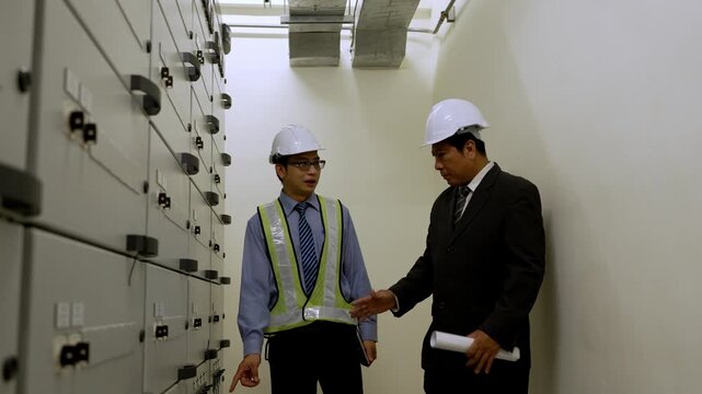 Engineer team conducting industrial electrical control panel inspection power facility control room and corridor, wearing safety helmet and protective clothing during technical discussion