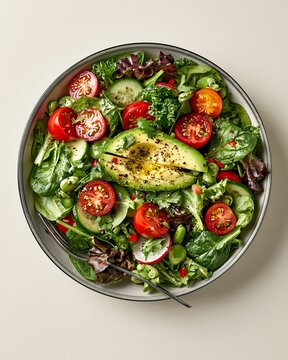 Fresh avocado salad with tomato and cucumber in a bowl on a light table
