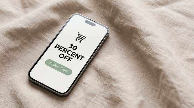 Smartphone displaying a 30 percent off sale with explore deals button on textured fabric