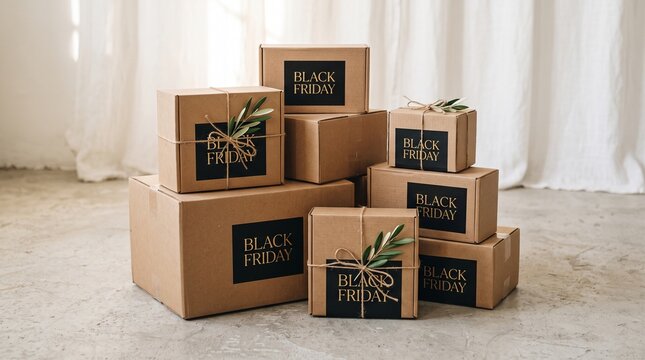 Black Friday Sale Boxes Stacked with Greenery and Twine