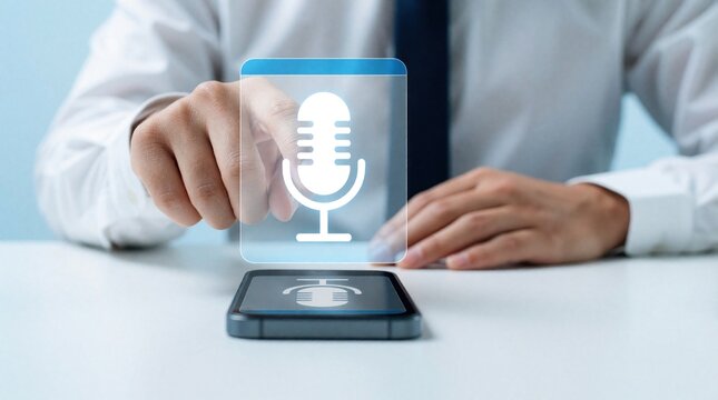 Businessman uses voice command on smartphone at office desk. Man touches digital microphone icon on mobile screen for voice assistant. Person interacts with smart tech device using speech