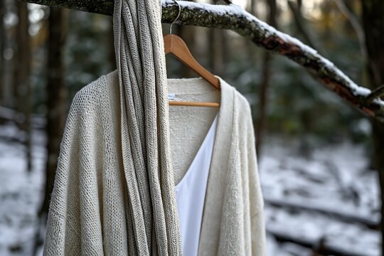 Knitted wool cardigan and scarf hang on tree branch in snowy forest scene