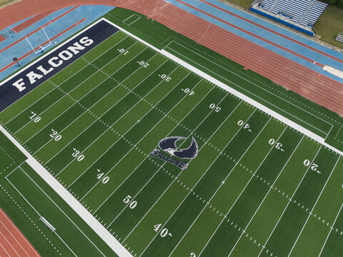 Raleigh, NC - USA - 4-17-2026: Aerial shot of the St Augustine's football stadium, and HBCU in Raleigh