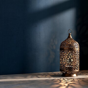 Arabic Moroccan Lantern Cast Warm Light Shadow Blue Wall Table Background