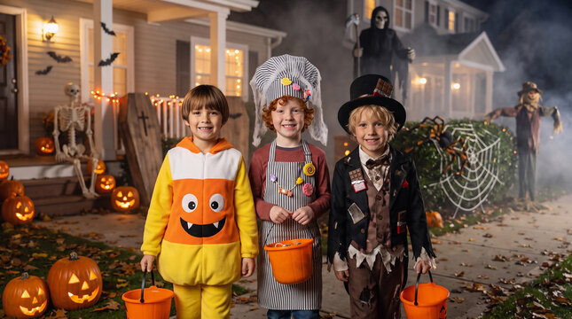Three children in candy corn, baker and Mad Hatter costumes carrying Halloween buckets while trick or treating outside a spooky decorated house