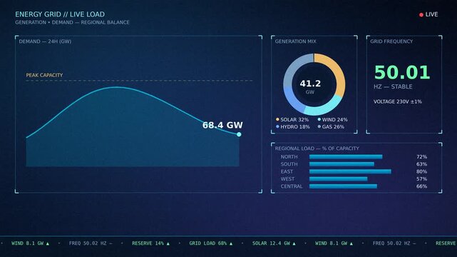 Animated energy grid dashboard with power demand curve and renewable generation mix