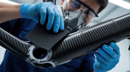 Fototapeta premium Worker applies carbon fiber material to bicycle frame mold. Technician uses gloves and mask for safety. Precision work in workshop, manufacturing advanced sports equipment.