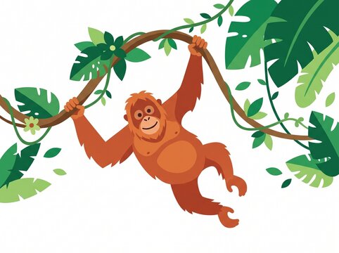 Happy Orangutan Hanging on Tropical Jungle Vine Illustration for Children Educational Media and Nature Conservation Projects