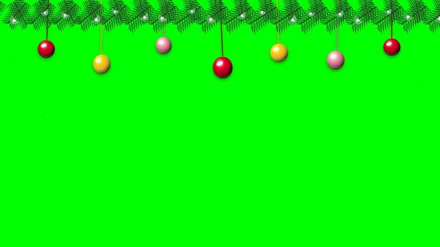 Festive Christmas garland with colorful hanging ornaments, glowing white lights, and a subtle snowfall effect, creating a cheerful holiday border at the top of a bright green screen for easy keying...