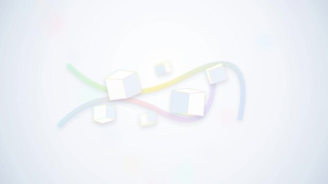 Clean abstract animation features white 3D cubes rotating and connecting via vibrant rainbow gradient lines on a minimalist white background, illustrating data flow, technology, networks, and commu...