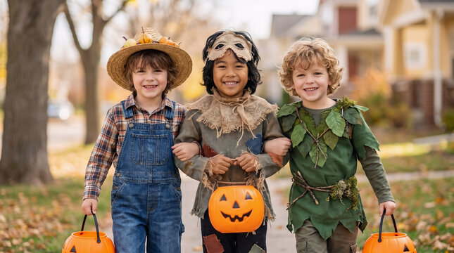 Three boys in scarecrow, farmer and elf costumes carrying pumpkin buckets while trick or treating in an autumn suburban neighborhood