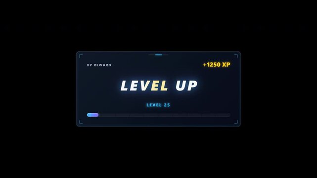A premium gaming HUD level-up notification featuring animated XP progression, an energetic level-up burst, LEVEL 24 to LEVEL 25 transition, and a polished downward fade-out on a transparent background