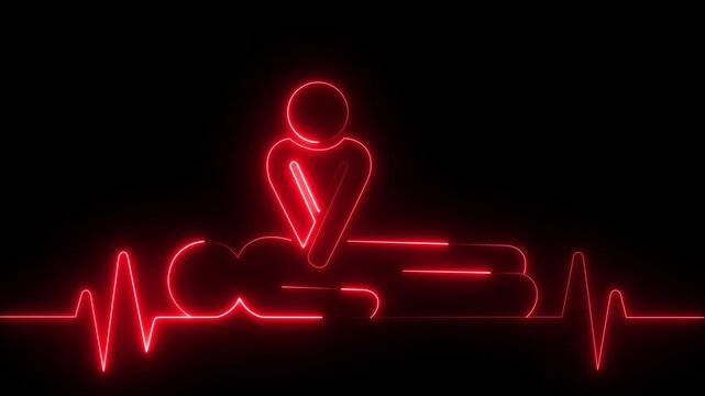 glowing neon heartbeat icon animation. CPR chest compressions showing medical resuscitation technique for training, safety, and emergency education. CPR chest compressions heartbeat animation