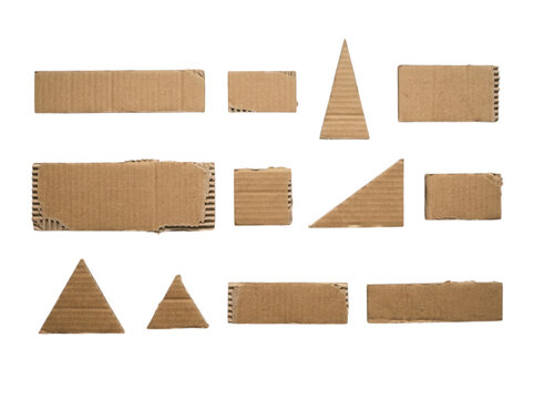 Variety of corrugated cardboard shapes and pieces isolated on a clean transparent background