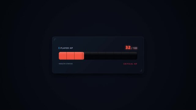 A modern gaming HUD health bar animation featuring multiple damage hits, dynamic health depletion, impactful red damage flashes, a critical health state, and a smooth downward fade-out.