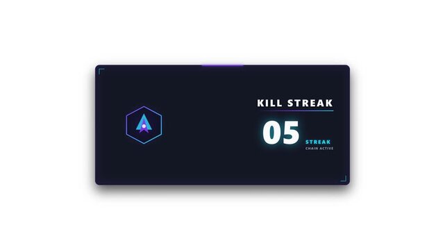 A premium competitive gaming HUD notification featuring a dynamic kill streak counter, impactful number transition, reactive emblem, energetic HUD accents, and a clean esports-style card on a transpar