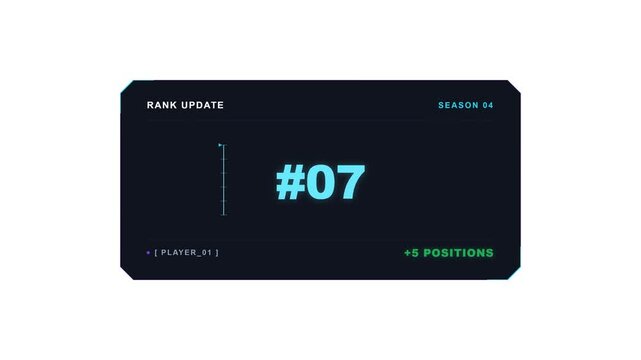 A premium competitive gaming HUD animation showing a player climbing the leaderboard from rank 12 to rank 7 with dynamic rank transitions, upward energy movement, achievement feedback, and a polished 
