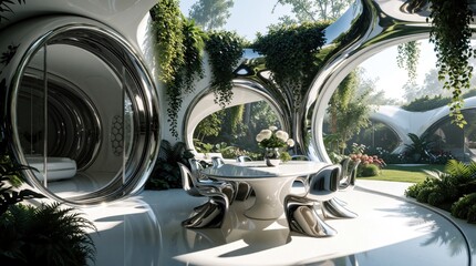 Obraz premium Futuristic home terrace with chrome chairs and table set in lush garden. Modern organic architecture design offers stunning outdoor space for relaxation and alfresco dining.