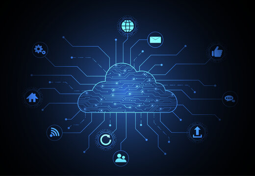 Digital cloud network with connected icons and glowing lines on a dark blue background