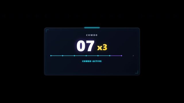 A premium gaming HUD combo counter featuring escalating combo numbers, sequential chain activation, multiplier progression from x1 to x4, energetic combat feedback, and a smooth downward dismissal on 