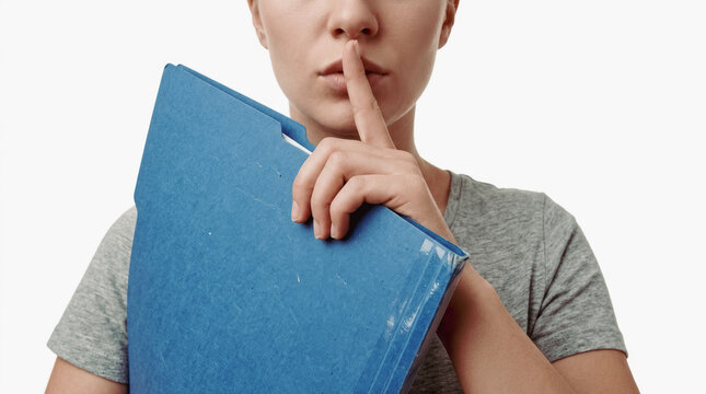 Woman holding a blue folder and making a hush gesture