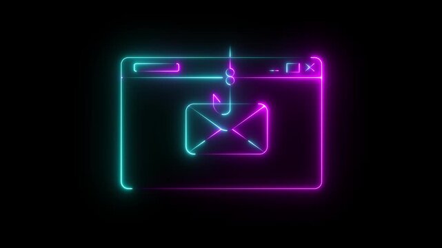 glowing neon Email Phishing Scam Icon Isolated on Black Background. Fishing hook stealing envelope from browser window. Concept of email phishing and email scams animation 4k video
