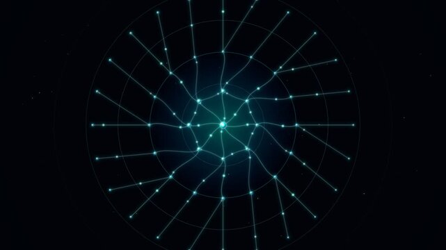 Dynamic abstract animation of a futuristic digital network with glowing teal lines and pulsating nodes radiating outwards from a central core on a dark background, symbolizing data flow, AI, and gl...