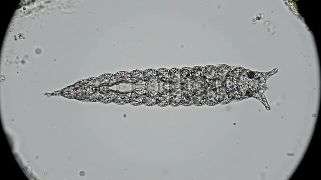 Schistosoma parasite with a stable elongated body slowly moving through a clean biological fluid environment