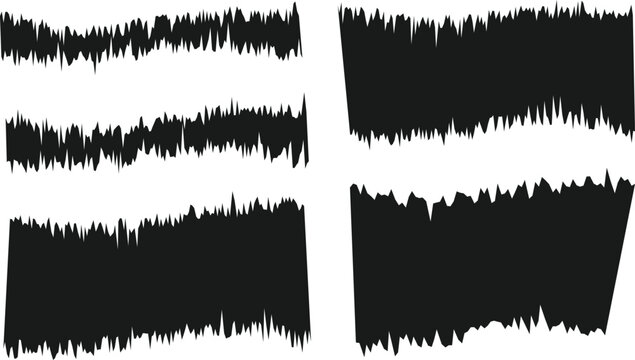 Black jagged lines and shapes. Rough texture strokes. Uneven edge stroke marks for grunge posters, streetwear, packaging, banners, dividers and print design.