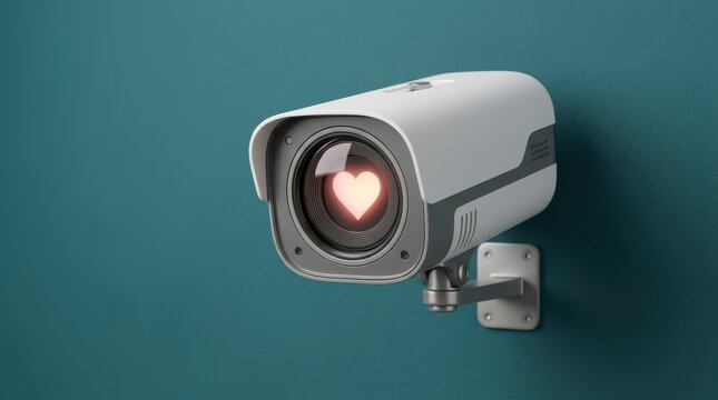 Security Camera Displaying Glowing Heart Symbol on a Stylish Blue Wall for Emotional Surveillance Concept