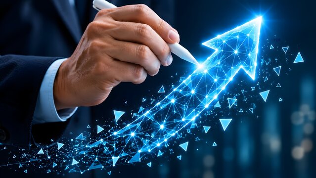 Businessman hand using digital pen drawing glowing blue upward arrow with polygonal network plexus representing technological growth and financial success