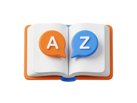 3D illustration of an open book with orange speech bubble containing 'A' and blue speech bubble containing 'Z' isolated on transparent background