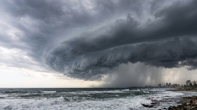 Dramatically dark storm clouds gather over the ocean waves with heavy rain approaching the coastline