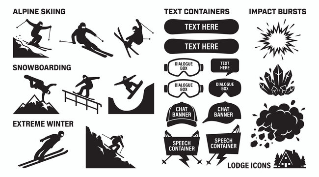 Alpine skiing and snowboarding graphic elements with snowboarding activity silhouette illustration collection template decoration abstract