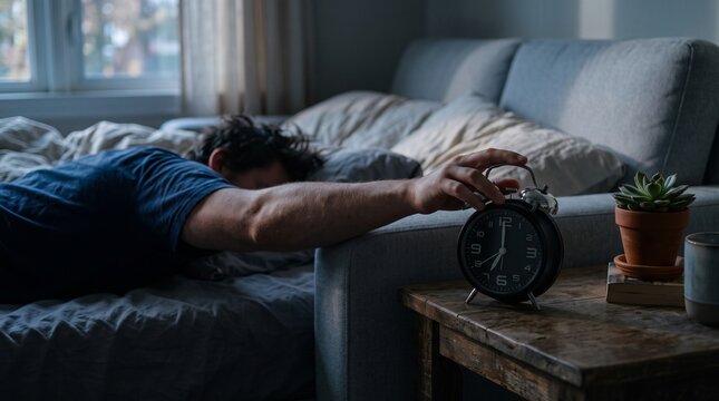 Man reaching for alarm clock in bed waking up tired