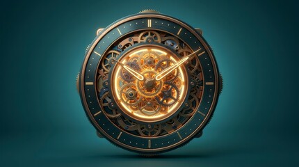 Obraz premium Elegant Mechanical Clock with Glowing Gears Showcasing Intricate Detail and Craftsmanship on Dark Background