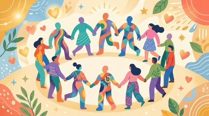 Obraz premium Abstract Illustration of Diverse Figures Holding Hands in a Circle of Unity and Love with Colorful Background Elements