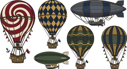 Vintage Steampunk Hot Air Balloon and Airship Vector Illustration Set with Retro Dirigible Zeppelin and Patterned Aircraft Graphics for Design Elements © MSTSULTANA