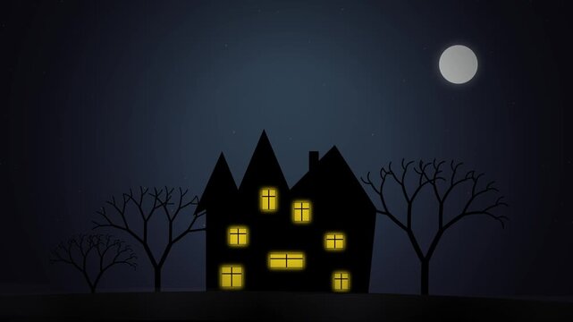 Night sky graphic motion background featuring a large glowing full moon surrounded by dark moving clouds in a flat vector design style for video projects