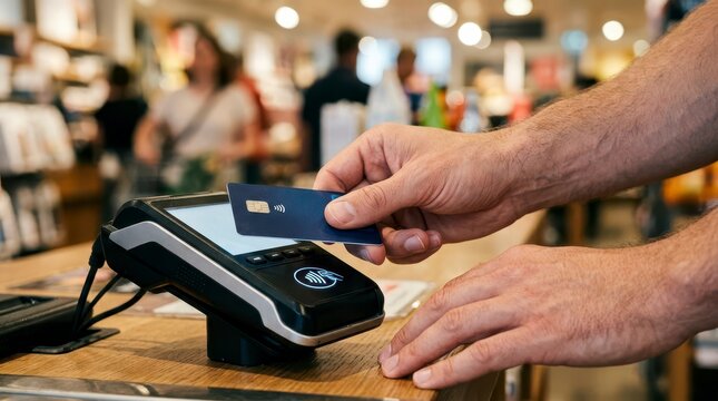 Person Tapping Credit Card on Payment Reader During Purchase in a Retail Store with Busy Background